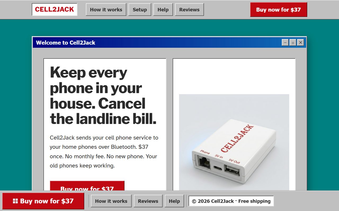A retro Windows 98 styled version of the Cell2Jack site with a teal desktop and classic window frame