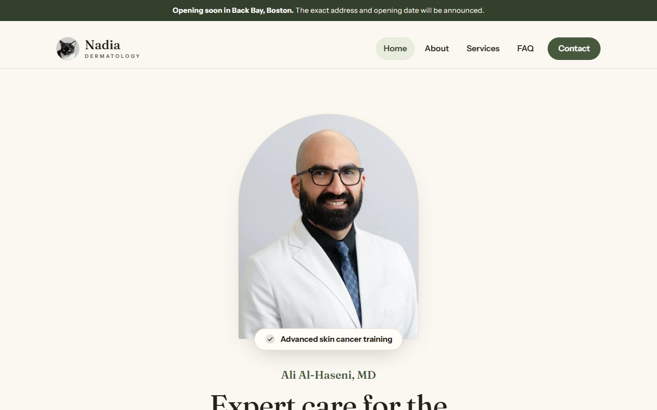 Home page of Nadia Dermatology showing a doctor portrait and warm cream background