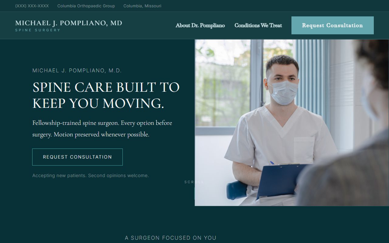 Home page of a spine surgery concept site with the headline Spine care built to keep you moving on a deep green background