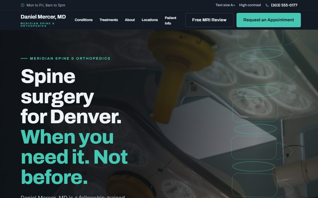 Home page of a spine and orthopedics demo site with the headline Spine surgery for Denver on a dark teal background